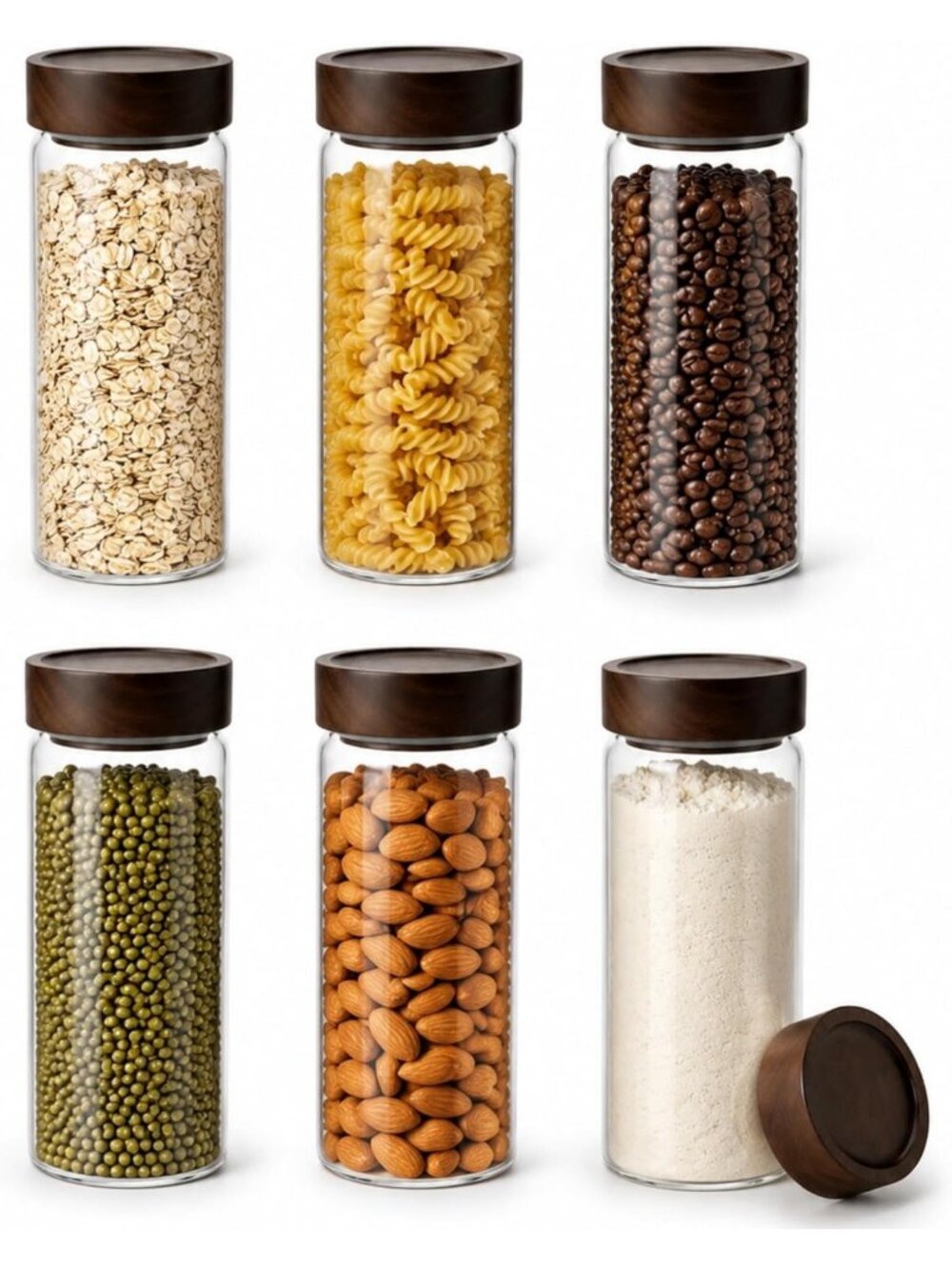 Wide Mouth Glass Storage Jars with Acacia Wood Lids - 6 Pack Airtight Food
